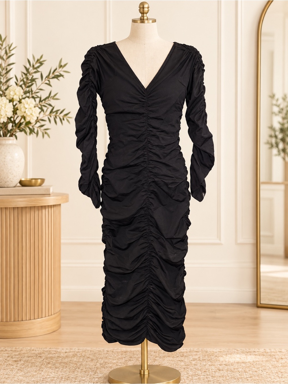 Helmut Lang Ruched V-Neck Black Midi Dress long sleeve NWT XS/S